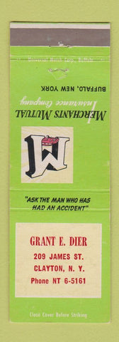 Matchbook Cover - Merchants Mutual Insurance Grant Dier Clayton NY
