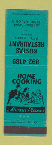 Matchbook Cover - Kostas Restaurant Hamilton OH TEAL