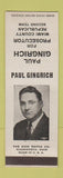 Matchbook Cover - Paul Gingrich Prosecutor Miami County OH