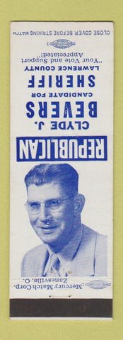 Matchbook Cover - Clyde J Bevers Sheriff Lawrence County Election