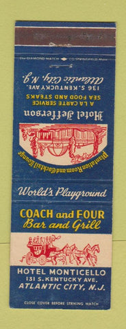 Matchbook Cover - Coach and Four Bar Grill Atlantic City NJ Hotel Jefferson