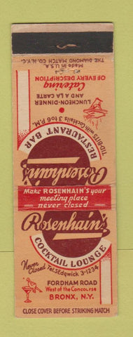 Matchbook Cover - Rosenhain's Restaurant Bronx NY New York City