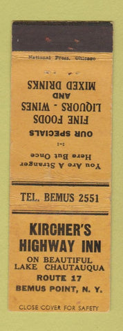 Matchbook Cover - Kircher's Highway Inn Bemus Point NY low phone # WEAR