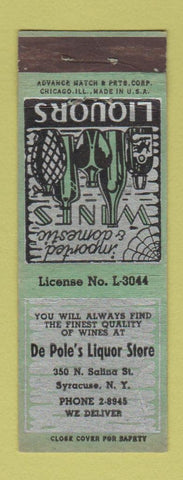Matchbook Cover - De Pole's Liquor Store Syracuse NY ADVANCE WEAR
