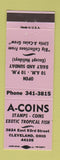Matchbook Cover - A Coins Stamps Tropical Fish Cleveland OH LAVENDER