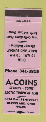Matchbook Cover - A Coins Stamps Tropical Fish Cleveland OH LAVENDER