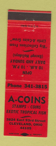 Matchbook Cover - A Coins Stamps Tropical Fish Cleveland OH RED