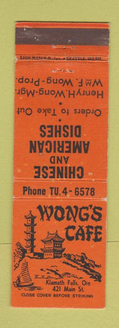 Matchbook Cover - Wong's Cafe Chinese Klamath Falls OR
