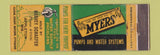Matchbook Cover - Myers Water Pumps Harvey Schaefer Appleton WI