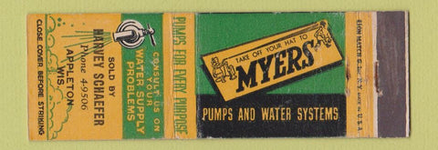 Matchbook Cover - Myers Water Pumps Harvey Schaefer Appleton WI