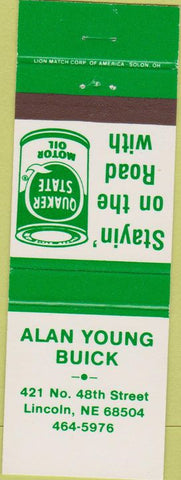 Matchbook Cover - Alan Young Buick Lincoln NE Quaker State oil