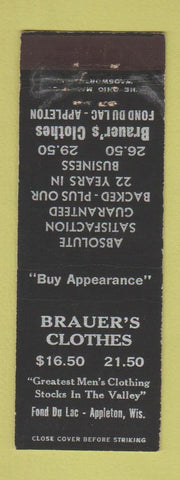Matchbook Cover - Brauer's Men's Clothes Fond Du Lac Appleton WI WEAR