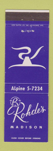 Matchbook Cover - Rohde's Madison WI restaurant
