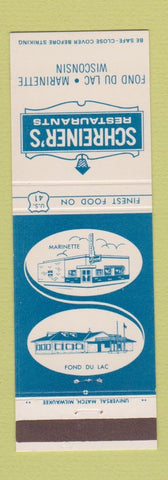 Matchbook Cover - Schreiner's Restaurant Marinette Fond Du Lac WI #2