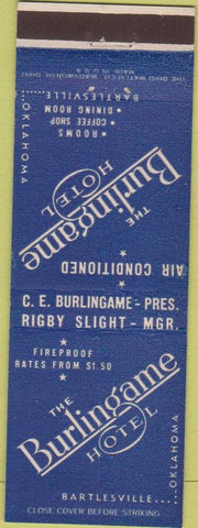 Matchbook Cover - Burlingame Hotel Bartlesville OK