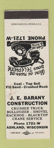 Matchbook Cover - JE Barany Construction Ashland WI WORN