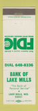 Matchbook Cover - Bank of Lake Mills WI