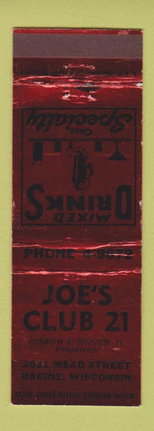 Matchbook Cover - Joe's Club 21 Racine WI