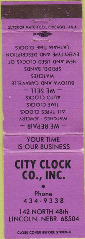 Matchbook Cover - City Clock Co Lincoln NE WEAR