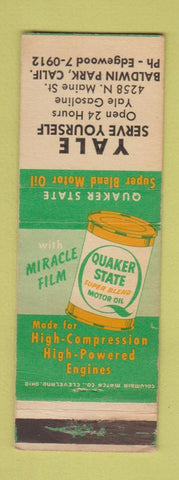 Matchbook Cover - Quaker State oil gas Baldwin Park CA WEAR