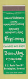 Matchbook Cover - Beau May Restaurant Bennington VT