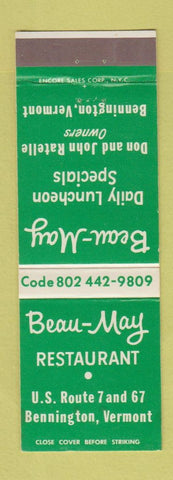 Matchbook Cover - Beau May Restaurant Bennington VT
