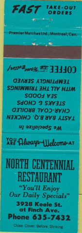 Matchbook Cover - North Centennial Restaurant Downsview ON