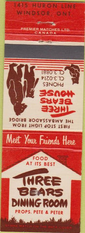 Matchbook Cover - Three Bears Dining Room Windsor ON