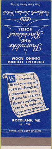 Matchbook Cover - Thorndike Rockland Hotels ME