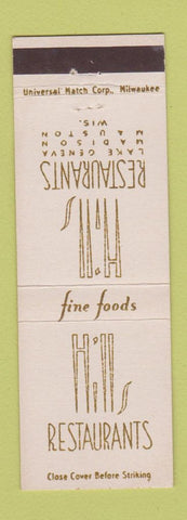 Matchbook Cover - Hill's Restaurants Lake Geneva Madison Mauston WI