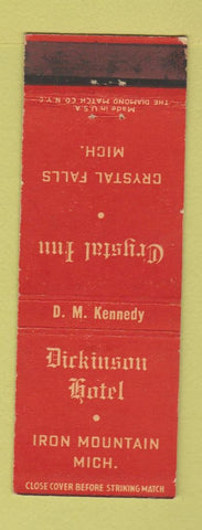 Matchbook Cover - Dickinson Hotel Crystal Inn Crystal Falls Iron Mountain MI