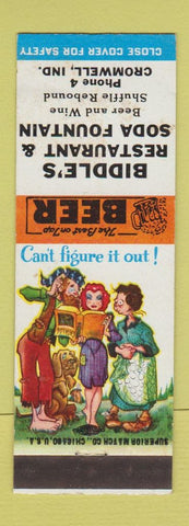 Matchbook Cover - Biddle's Restaurant Cromwell IN low phone # Hillbilly