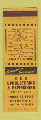 Matchbook Cover - D&D Upholstering Pontiac MI
