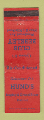 Matchbook Cover - Hund's Restaurant Detroit MI Club Berkley WORN