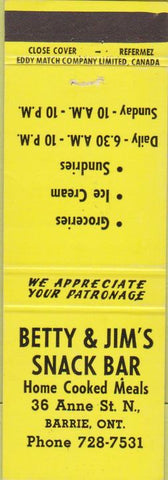 Matchbook Cover - Betty Jim's Snack Bar Barrie ON