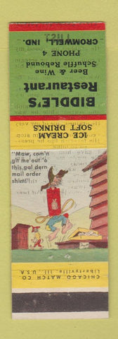 Matchbook Cover - Biddle's Restaurant Cromwell IN hillbilly WEAR
