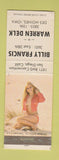 Matchbook Cover - Billy Francis Warren Delk Des Moines IA pinup 1971 RMS