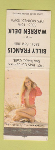 Matchbook Cover - Billy Francis Warren Delk Des Moines IA pinup 1971 RMS