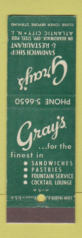 Matchbook Cover - Gray's Sandwich Shop Restaurant Atlantic City NJ