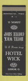 Matchbook Cover - Hotel Wick Lisbon OH
