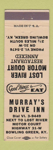Matchbook Cover - Murray's Drive Inn Bowling Green KY Lost River Motel