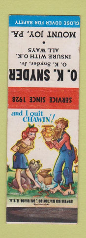 Matchbook Cover - OK Snyder Insurance Mount Joy PA hillbilly