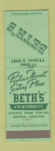 Matchbook Cover - Bett's Restaurant Pontiac MI