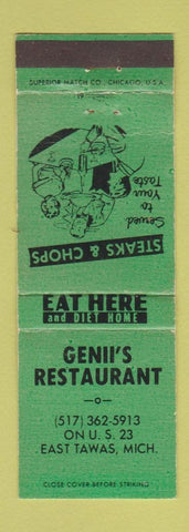 Matchbook Cover - Genii's Restaurant East Tawas MI WEAR GREEN