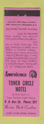 Matchbook Cover - Tower Cirle Motel Buxton NC Perkins Americana