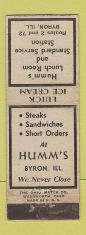 Matchbook Cover - Humm's Restaurant Standard oil gas Byron IL WEAR