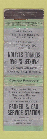 Matchbook Cover - Parker Gau oil gas DeKalb Waterman IL Conoco POOR MERCHANTS