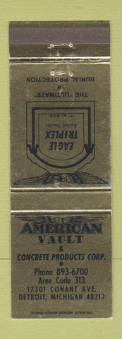 Matchbook Cover - American Vault Concrete burial funeral Detroit MI