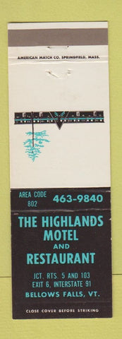 Matchbook Cover - Highlands Motel Restaurant Bellows Falls VT