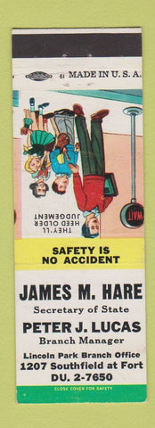 Matchbook Cover - James Hare Secretary of State Lincoln Park MI